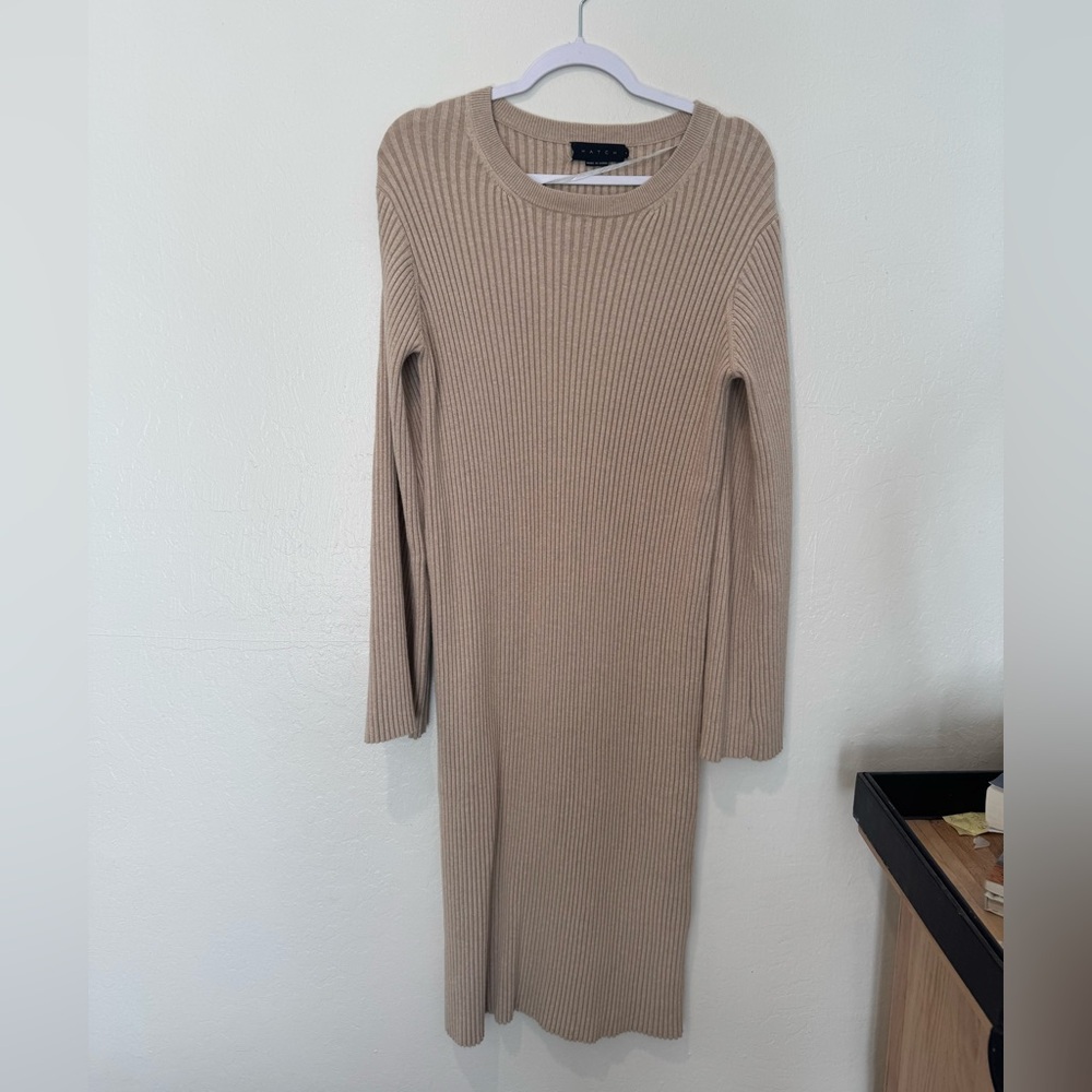 Elegant Maternity Tan Ribbed Knit Dress